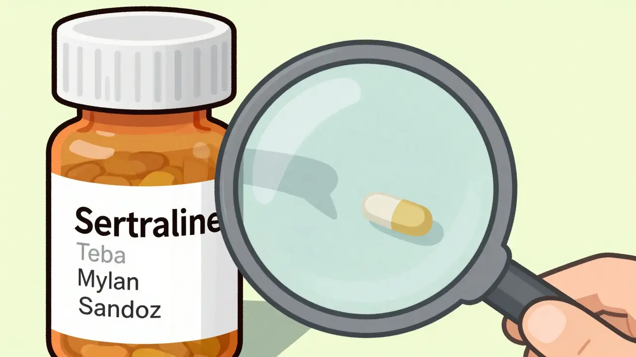 A magnifying glass reveals hidden differences in generic pill fillers and coatings from different manufacturers.