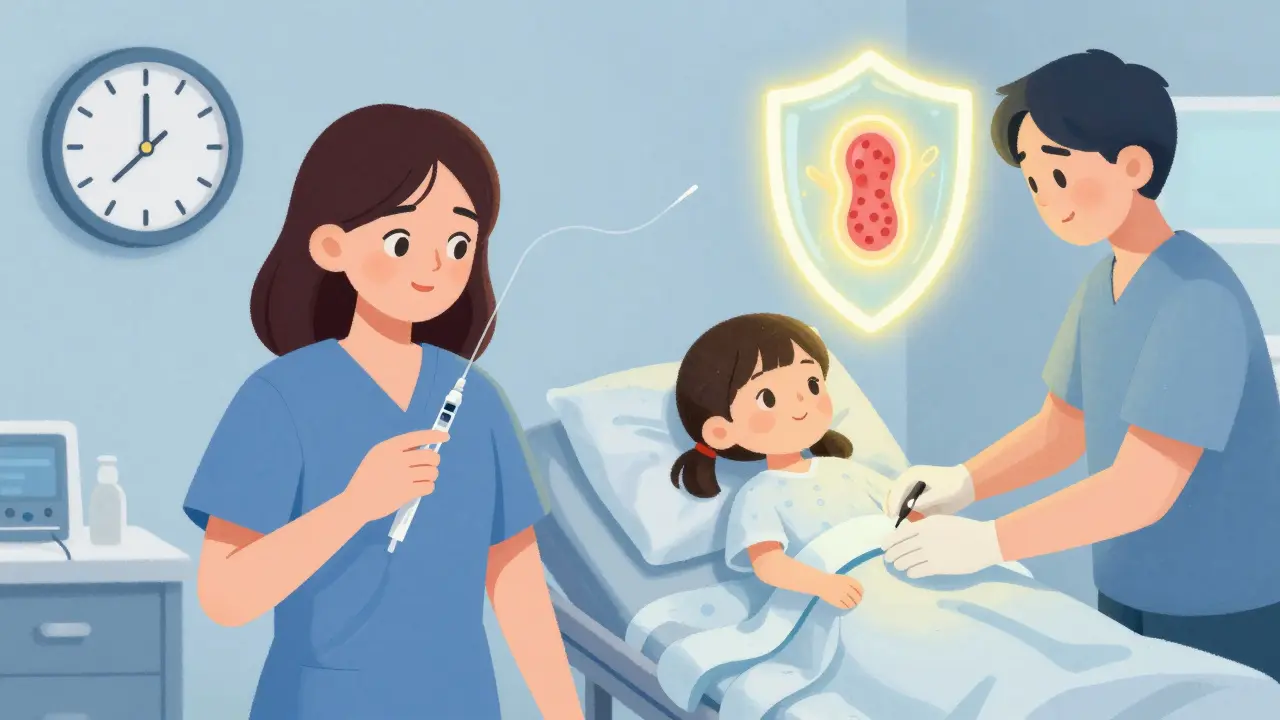 A young woman receiving hormone injections while a young girl prepares for ovarian tissue removal, with a glowing frozen tissue sample floating above as a symbol of hope.