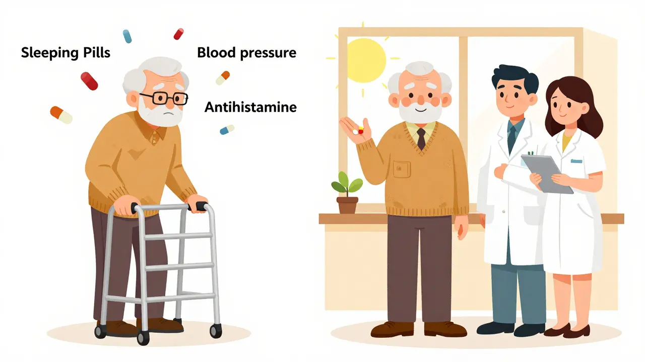 An 82-year-old man before and after reducing medications, now standing without a walker.