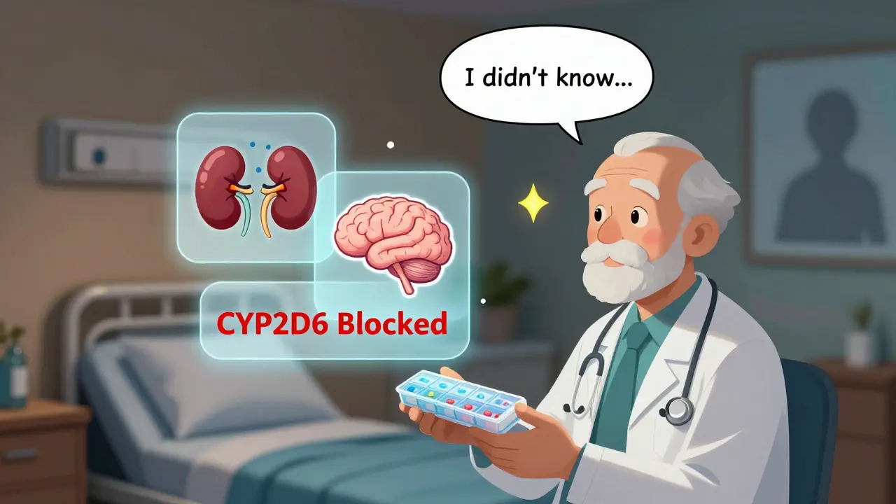 An elderly man in a nursing home with visual overlays showing kidney function, brain activity, and enzyme blockage.