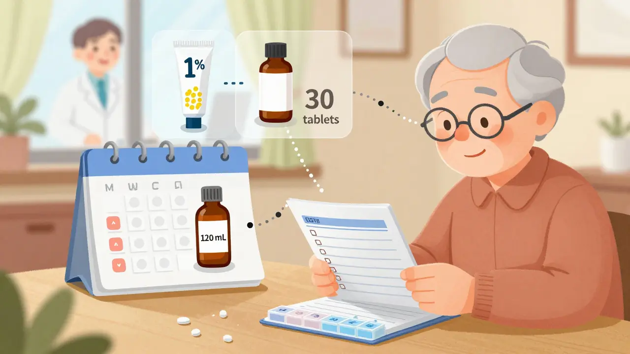 An older adult checking medication quantities with visual aids like pea-sized dots and pill counts.