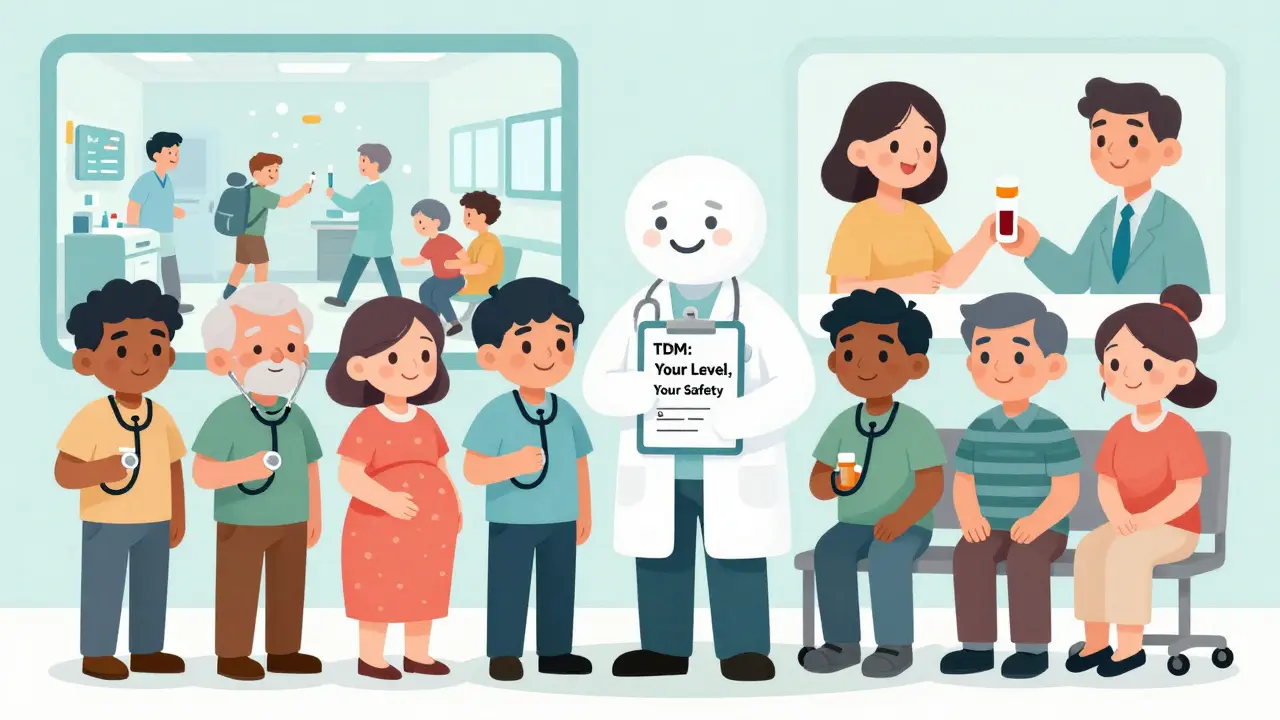 Diverse patients with pill bottles beside a lab technician holding a TDM clipboard, contrasting emergency and calm outcomes.