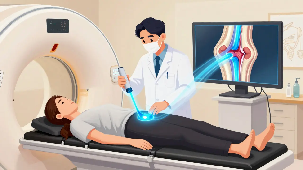 Doctor performing MRA with glowing contrast dye highlighting a hip labral tear.