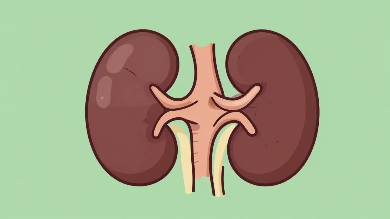 Kidney with clogged filtration system in cartoon style.