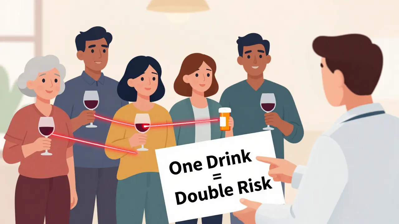 People with drinks and pills connected by danger lines, watched by a pharmacist pointing to a warning.