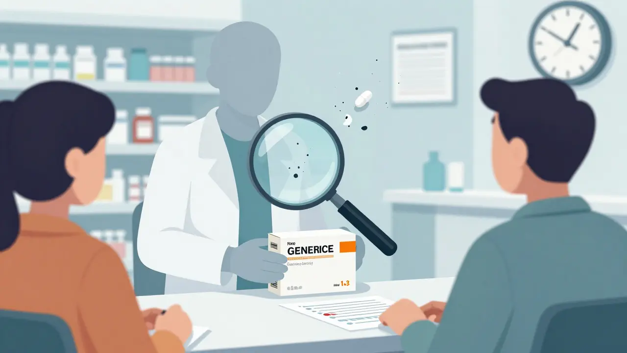 Pharmacist handing a generic pill box while the previous brand dissolves, with magnifying glass revealing formulation differences.