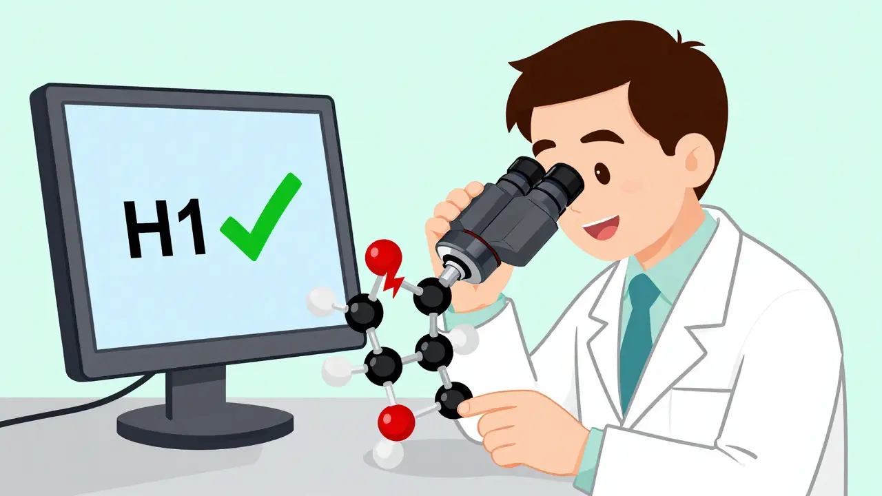 Scientist examining H1 receptor model with activation and blocking symbols