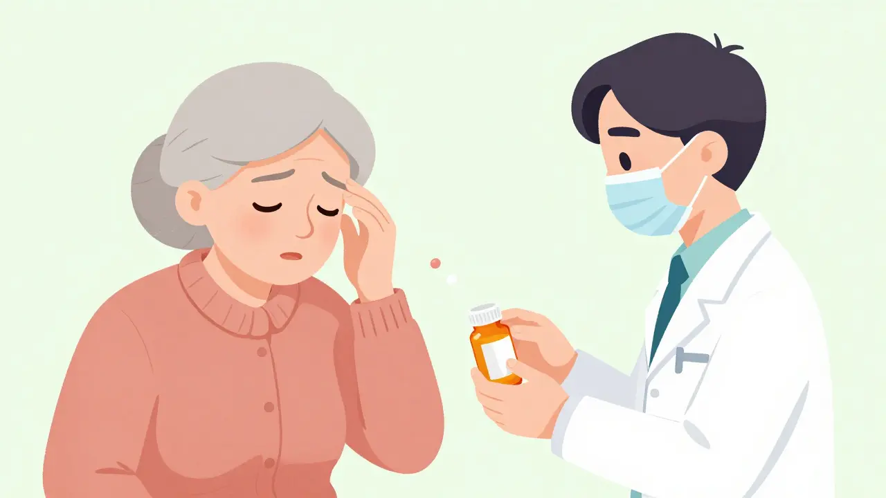 Senior woman dizzy with doctor adjusting medication dose.