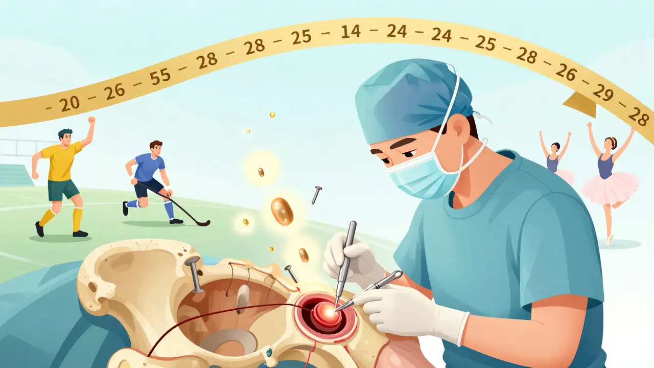 Surgeon repairing hip labrum with suture anchor, bioabsorbable particles dissolving.