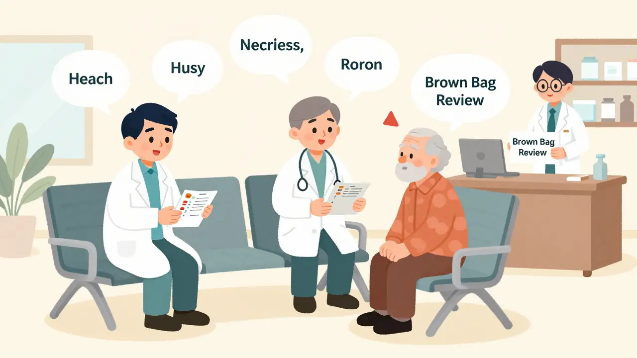 Three doctors each give prescriptions to an elderly patient while a pharmacist observes.