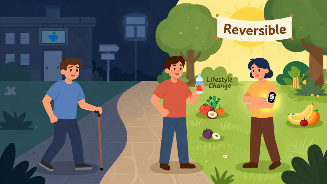 Three people making healthy lifestyle changes — walking after meals, drinking water, and using a glucose monitor — with a path leading away from diabetes toward wellness.