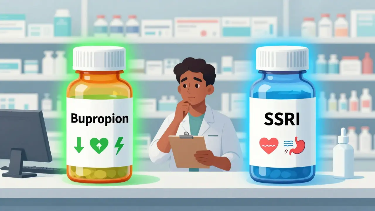 Two prescription bottles labeled bupropion and SSRI at a pharmacy counter, each emitting icons representing their side effects and benefits.