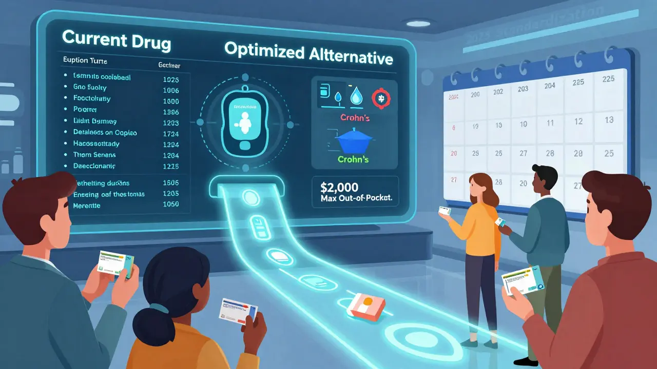 A futuristic dashboard shows personalized drug recommendations based on genetics and lifestyle, with a ,000 cost cap.