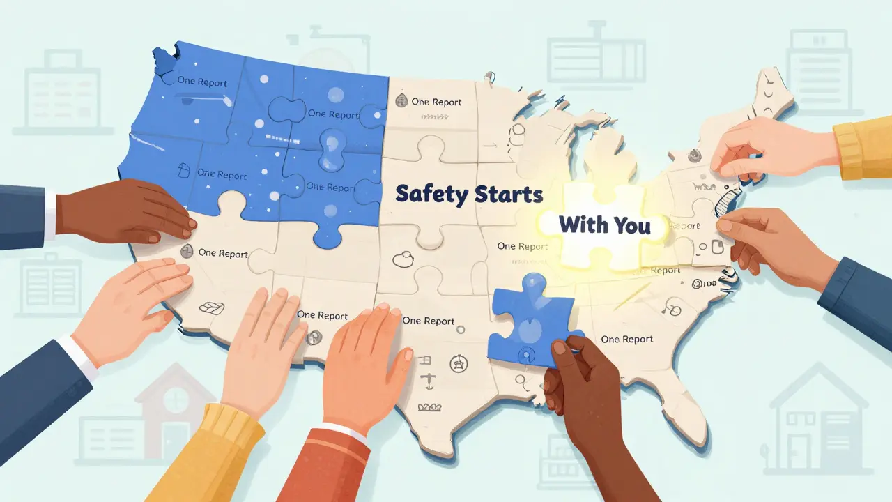 A giant puzzle shaped like a map being completed by many hands, one piece glowing brightly.