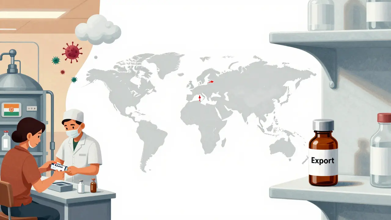 A global supply chain split between a factory and an empty hospital shelf with red arrows connecting them.
