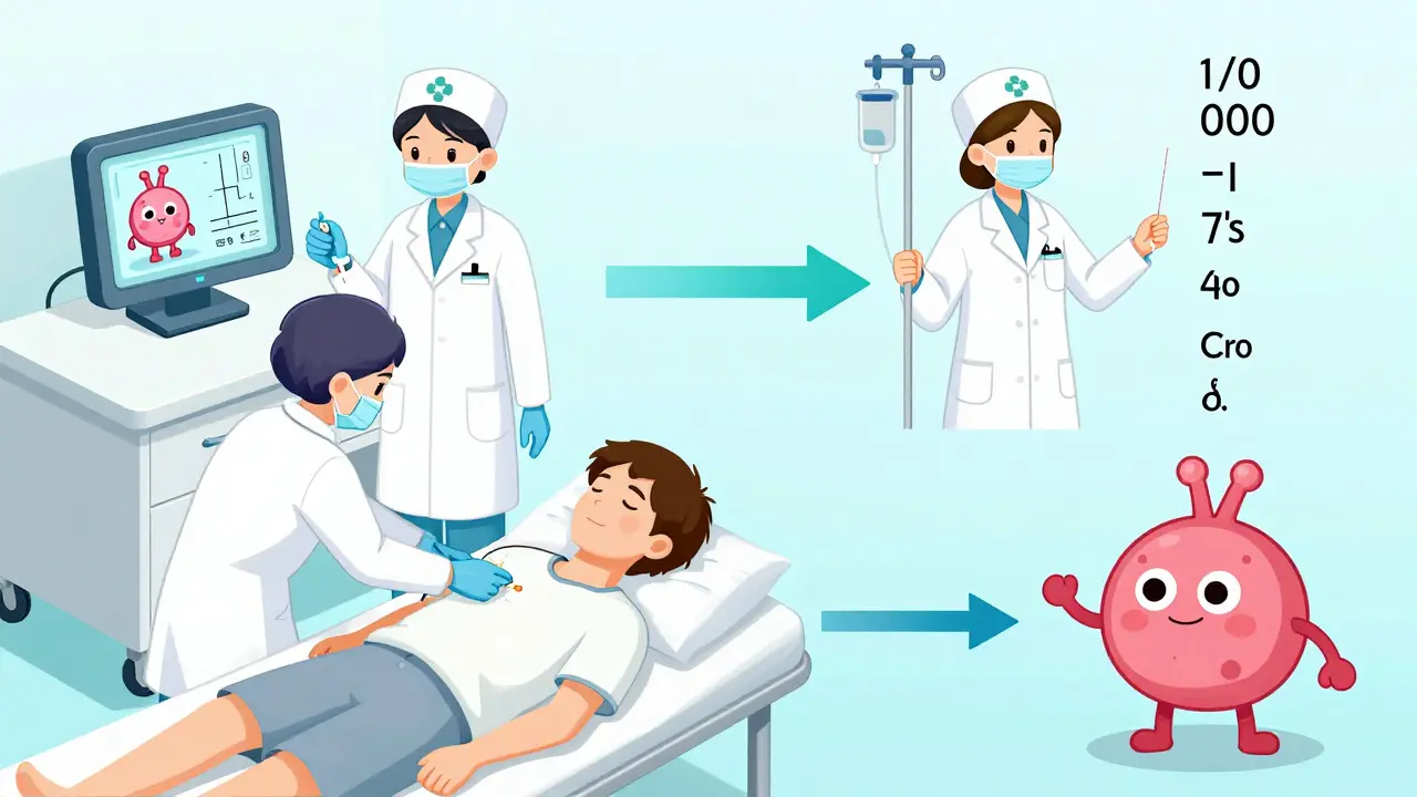 A patient receiving incremental IV doses during a medical desensitization procedure with nurses monitoring