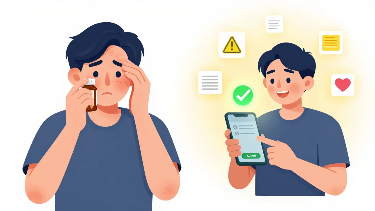 A person submitting a MedWatch report on a phone, with warning and safety symbols appearing above.