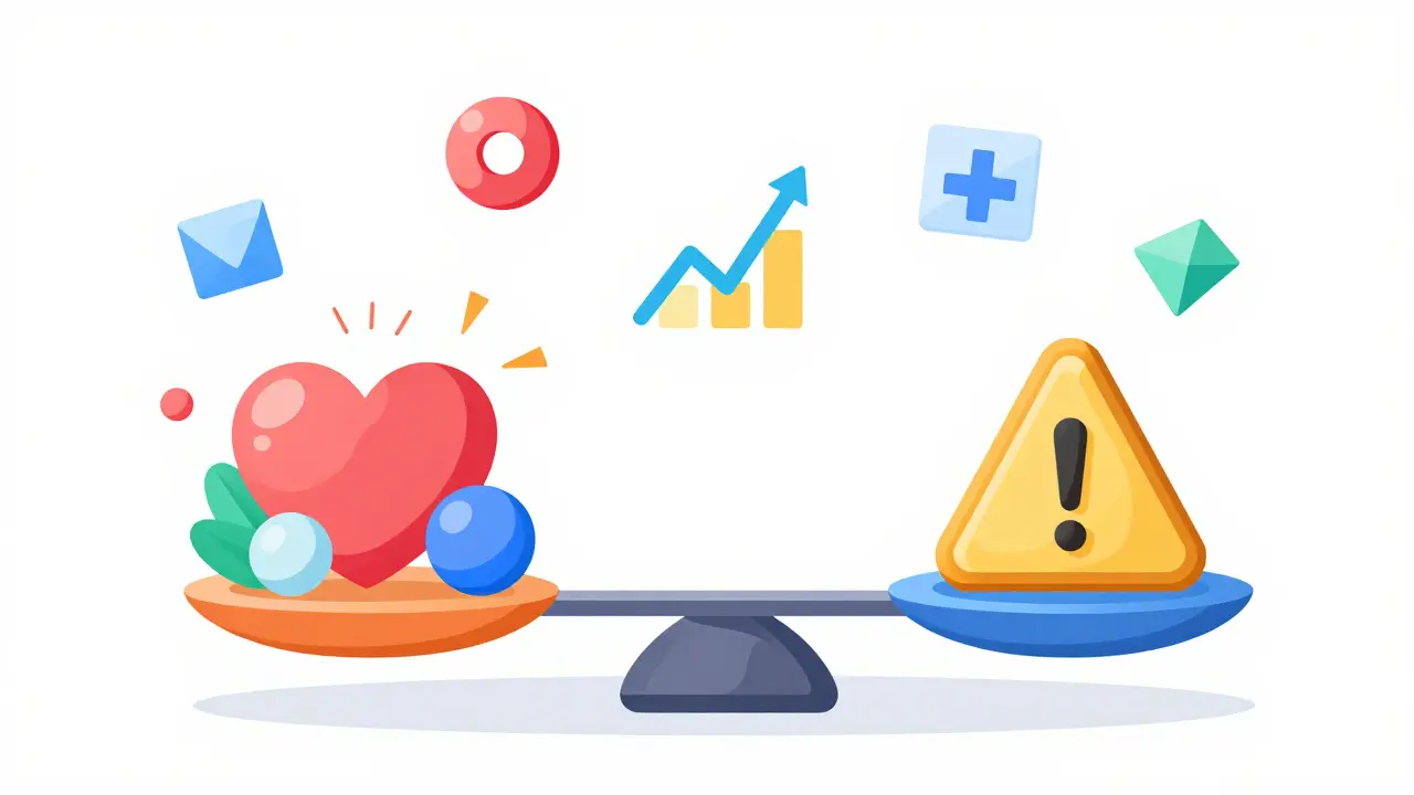 Abstract scales weighing medical benefits against potential risks visually.