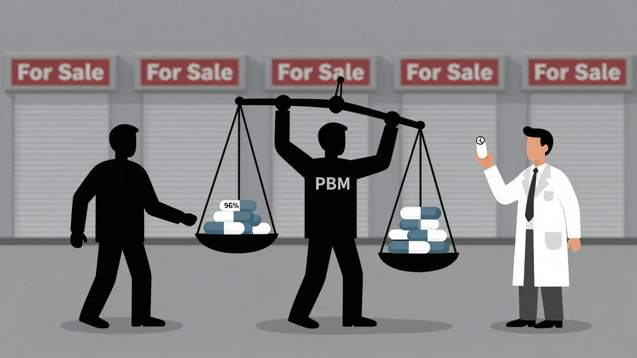Corporate PBM figures weighing generic pills on a scale that heavily favors profit, while a lone pharmacist stands alone with a tiny profit sign.