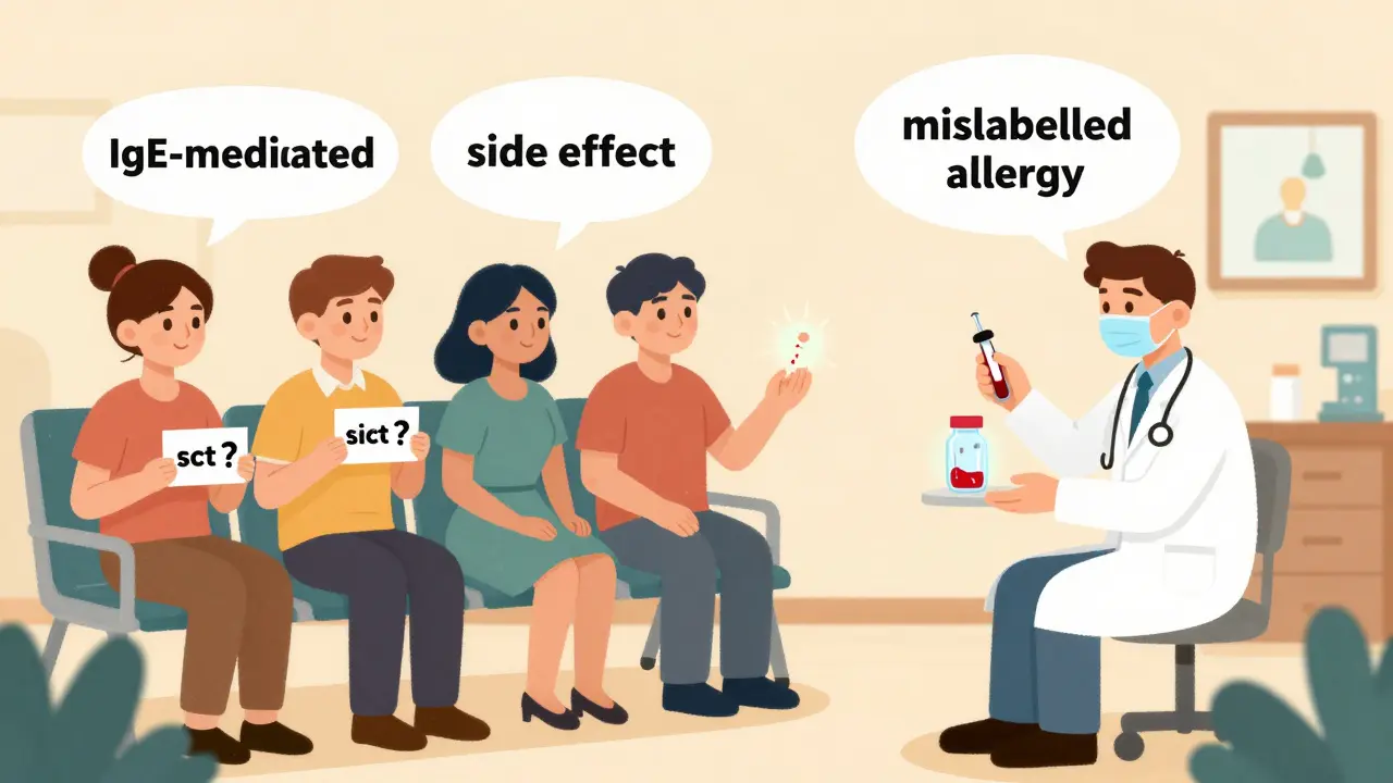 Diverse patients in a clinic, one being tested by an allergist with a glowing blood test, floating medical terms above them.