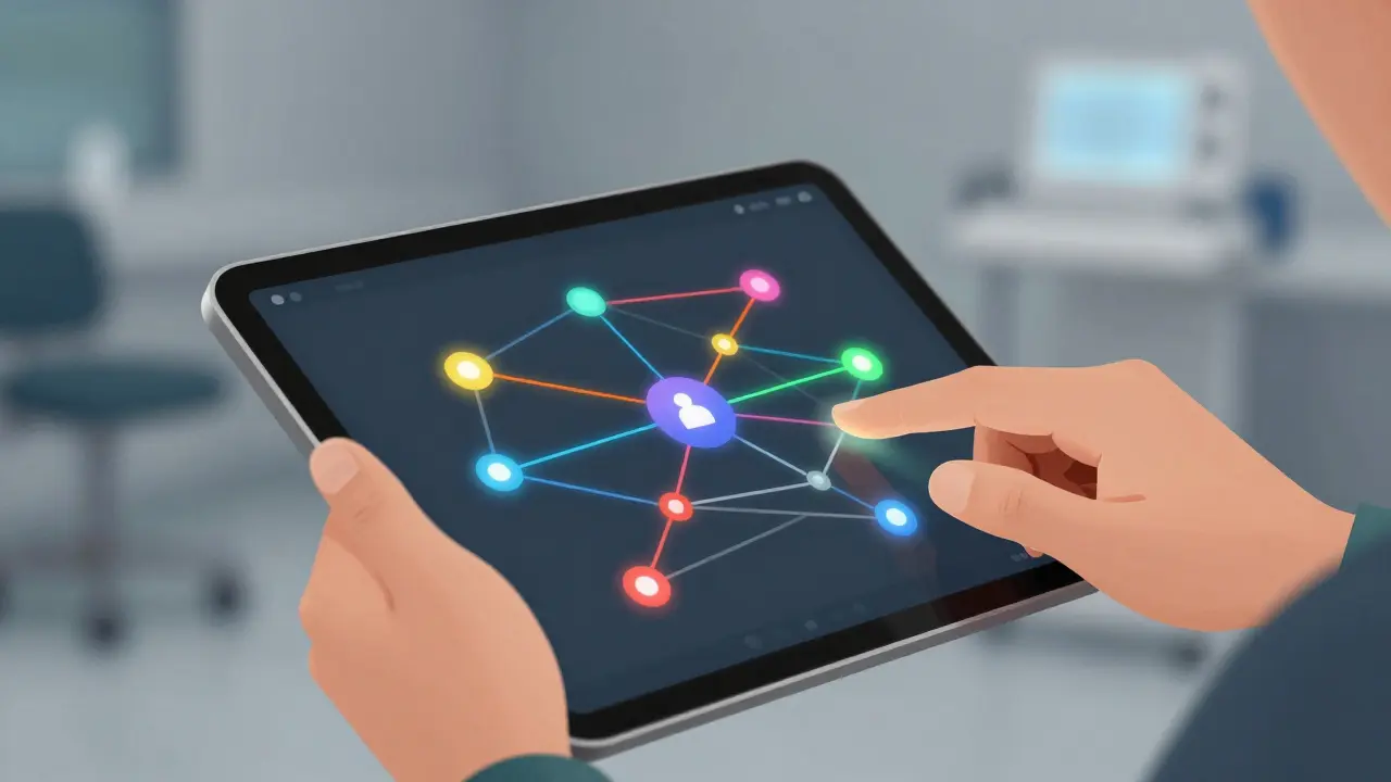 Hands using a tablet with abstract decision tool graphics on screen.