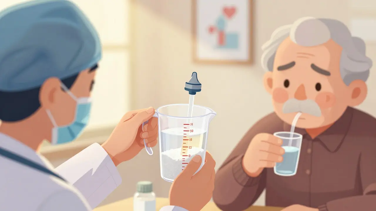 Healthcare worker preparing oral rehydration solution for an elderly patient.