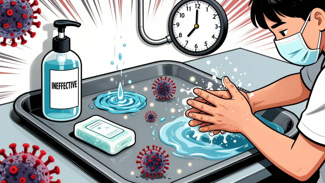 Ineffective hand sanitizer next to soap and water with glowing norovirus particles on a surface.