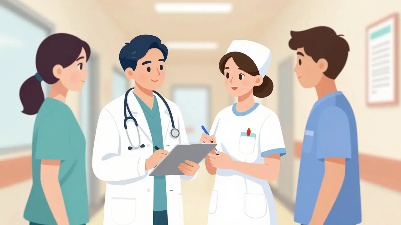 Medical staff communicating face-to-face for order verification.