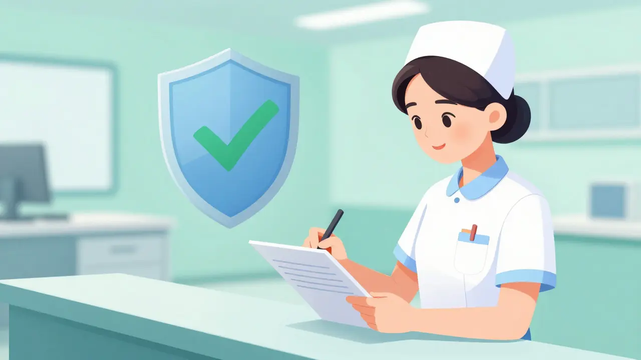 Nurse documenting medical order on paper chart safely.