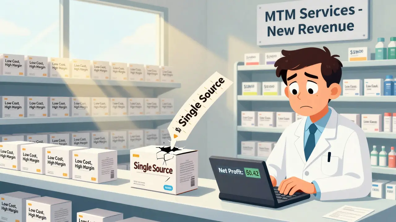 Shelf of generic drugs with one cracked box spiking in price, a tired pharmacist stares at a calculator showing minimal net profit, with a sign for new services in the background.