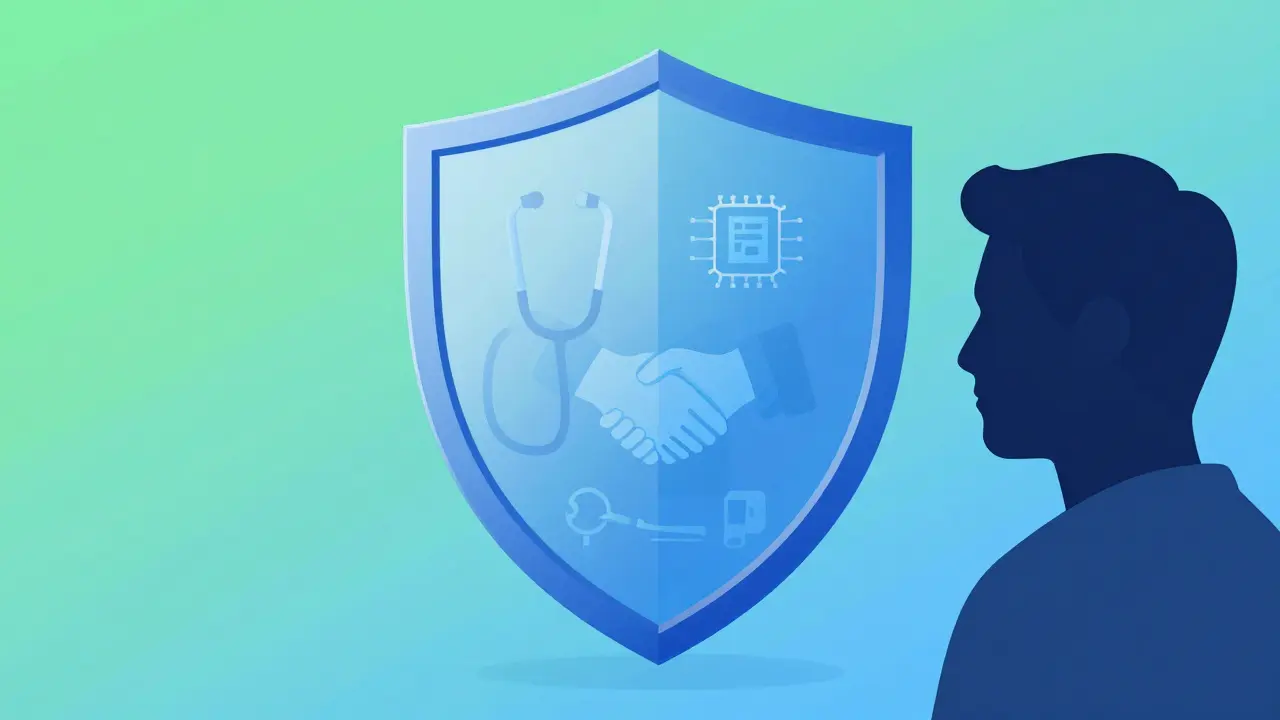 Shield graphic combining technology and human safety protection.