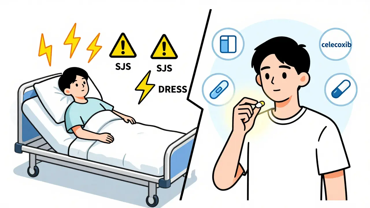 Split illustration: left side shows life-threatening drug reactions with warning symbols, right side shows safe alternative medications with a calming glow.