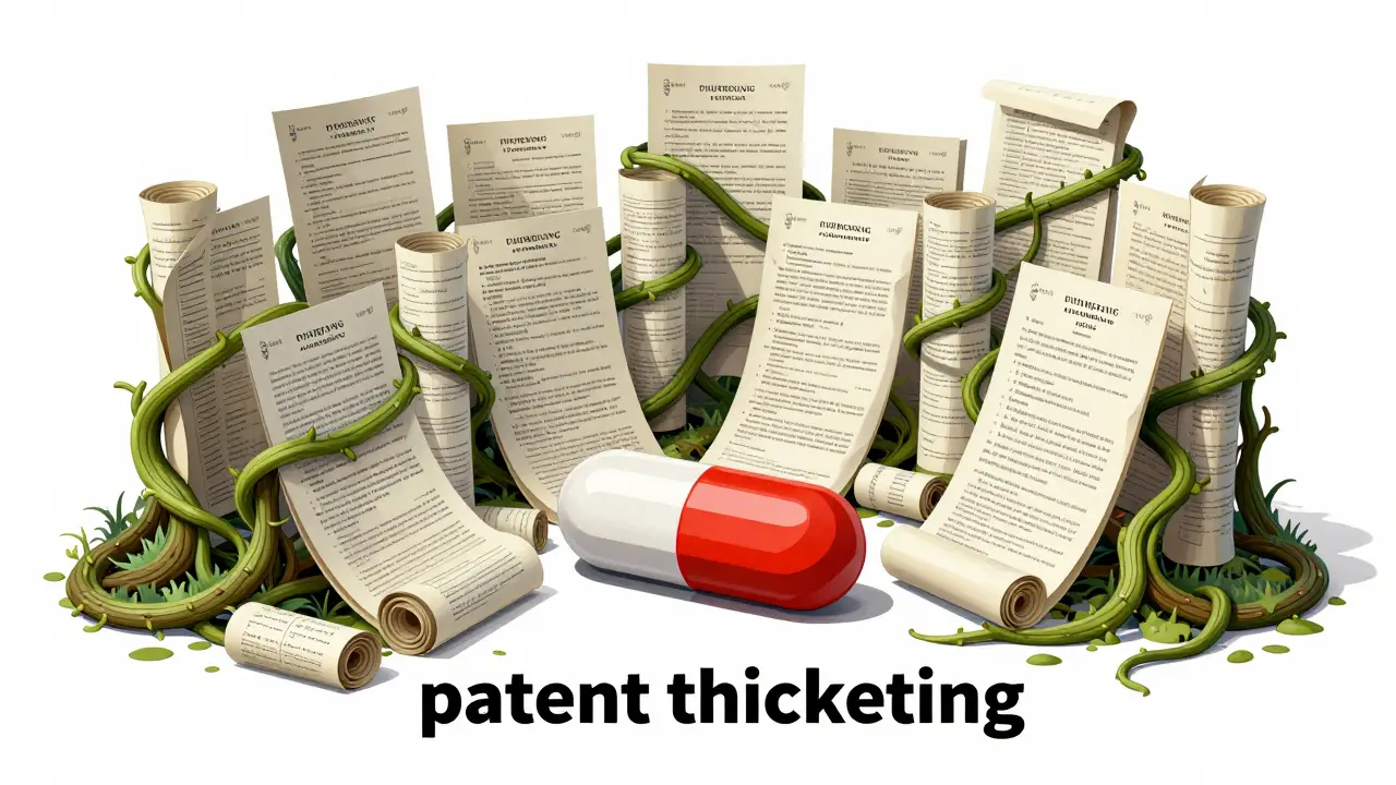 Cartoon of a pill trapped by a dense forest of legal patent scrolls and documents.
