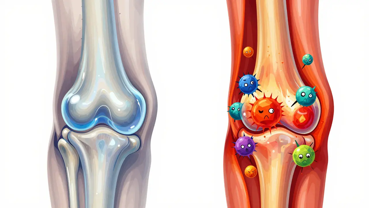 Comparison between a healthy joint and a joint affected by rheumatoid arthritis.