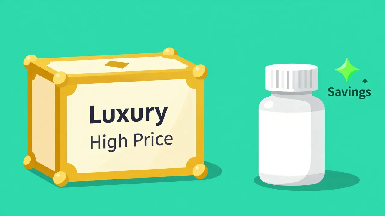 Comparison between an expensive brand-name medicine box and a cost-effective generic bottle.