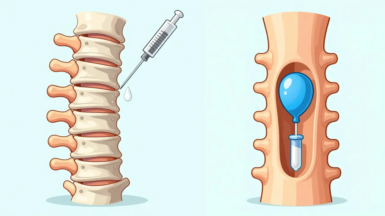 Comparison illustration of cement injection versus balloon inflation in a vertebra.