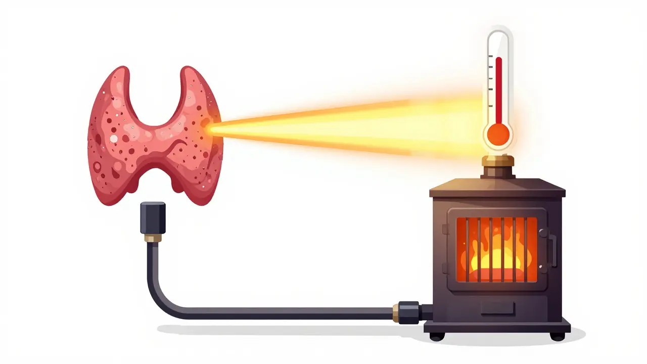 Conceptual cartoon of a thermostat and furnace representing the thyroid feedback loop.