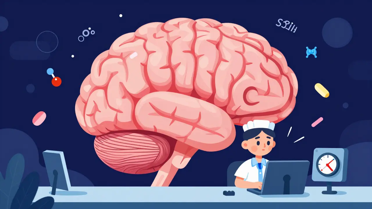 Conceptual illustration of a brain thermostat being disrupted by medication.