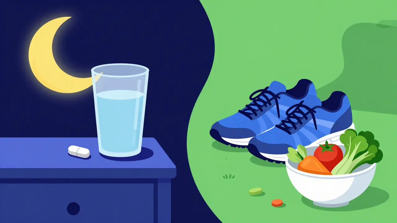 Conceptual illustration of a medication tablet by a bed and healthy lifestyle elements.