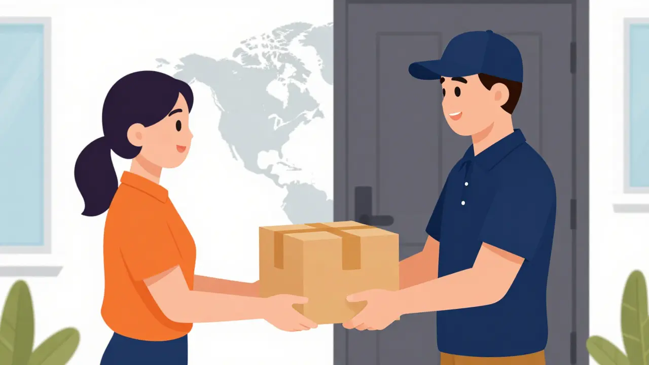 Courier delivering a secure pharmacy package to a happy customer at home.