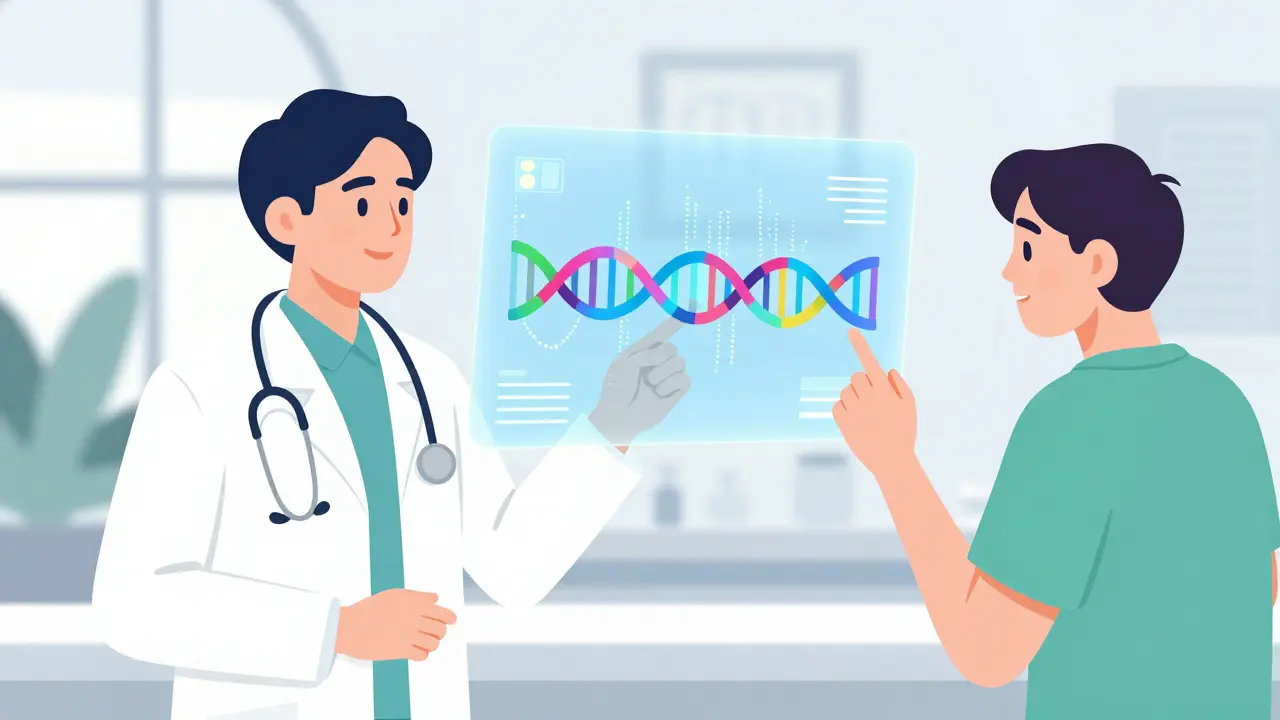 Doctor and patient reviewing a personalized genetic biomarker for RA treatment.