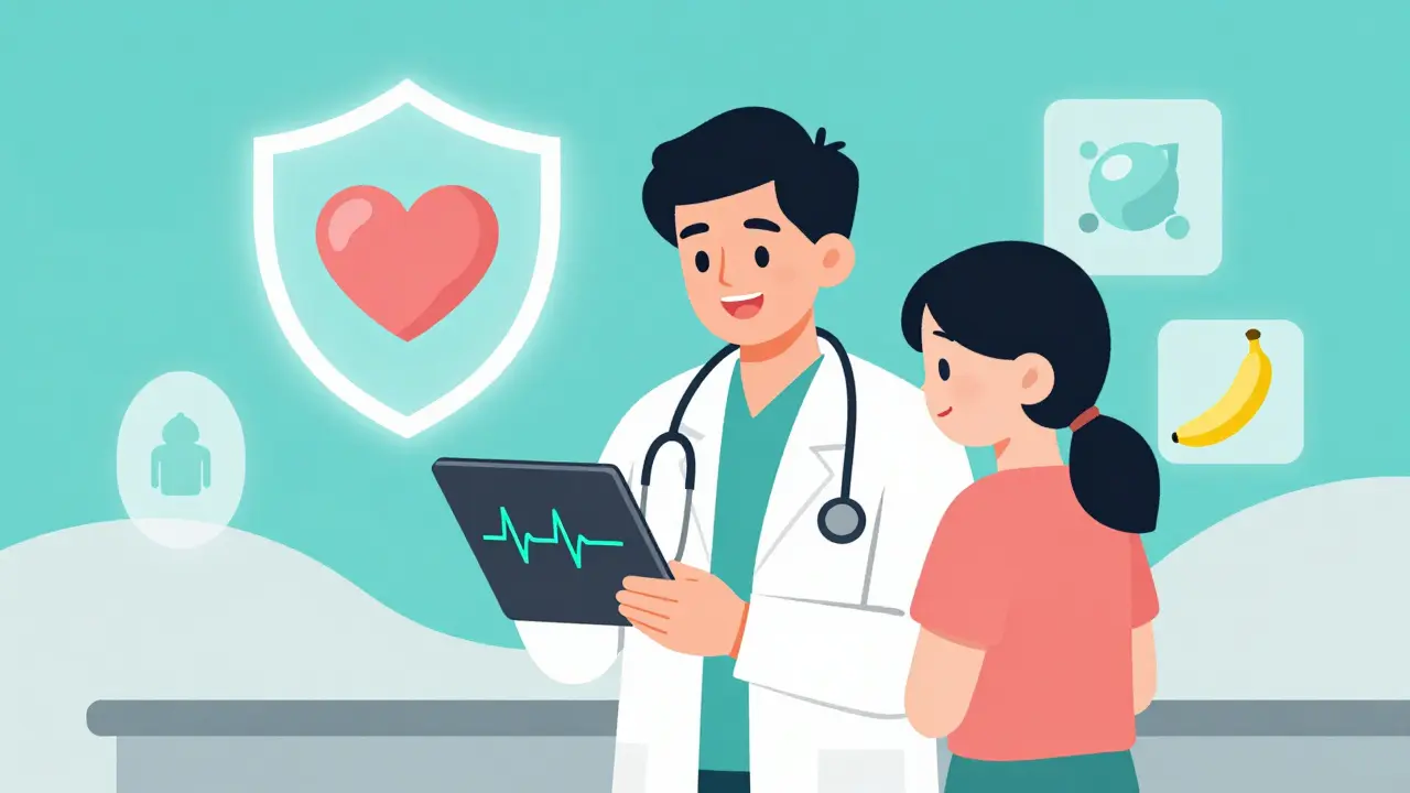 Doctor and patient reviewing a safe ECG result with symbols for electrolyte health.