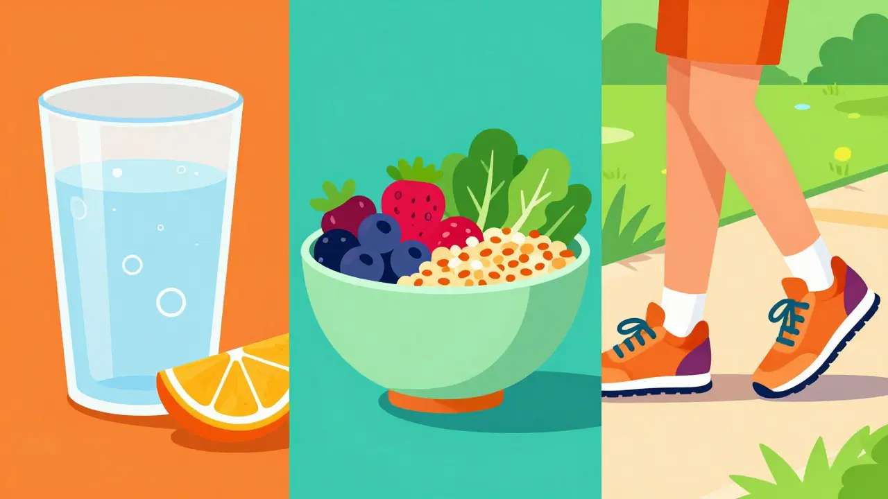 Graphic illustration of a glass of water, a healthy bowl of food, and walking shoes.