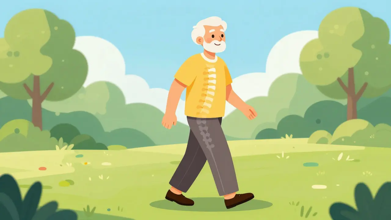 Happy senior adult walking in a park with a stabilized spine overlay.