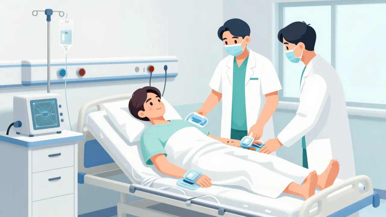 Illustration of a patient receiving medical care with IV fluids and cooling packs in a hospital.