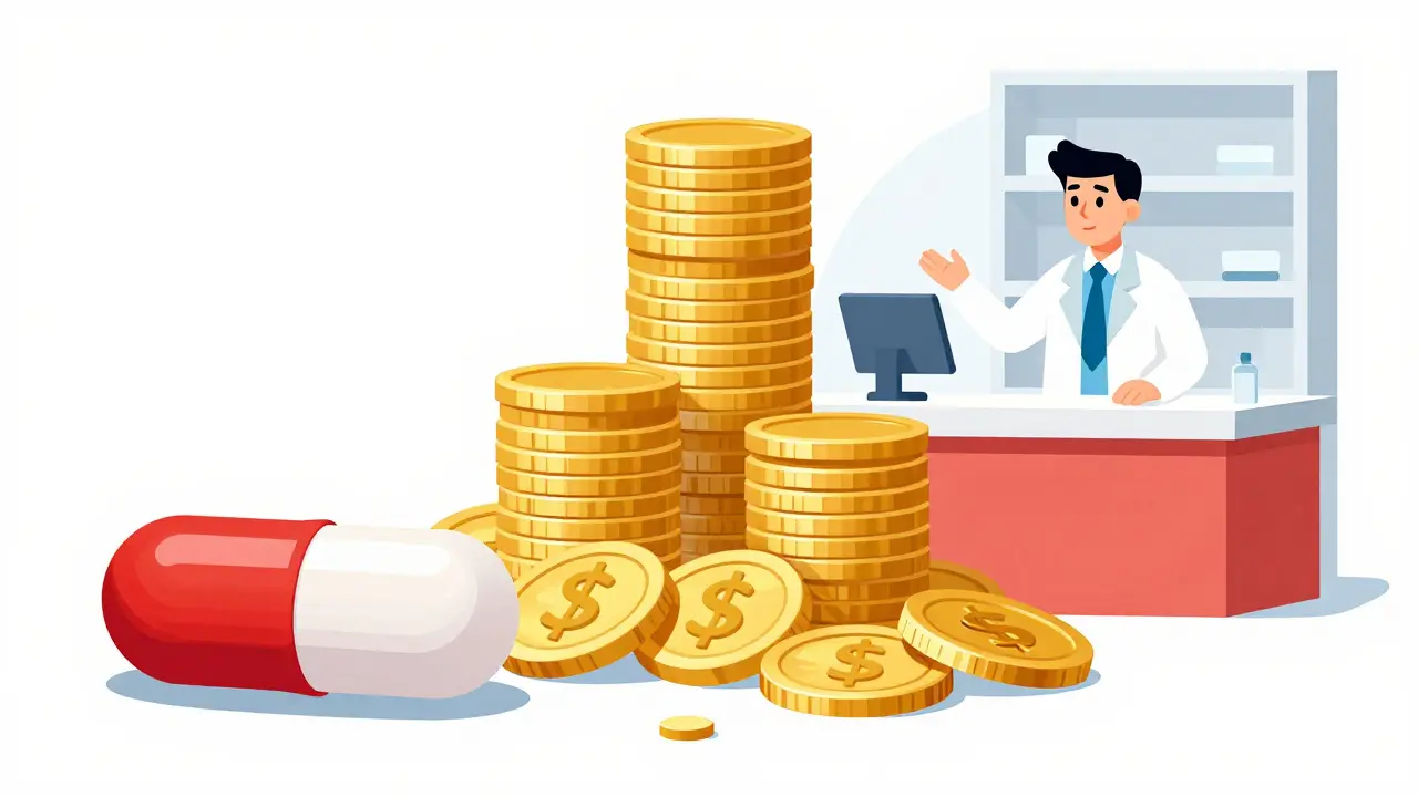Illustration of a scale comparing a small generic pill to a massive pile of money.