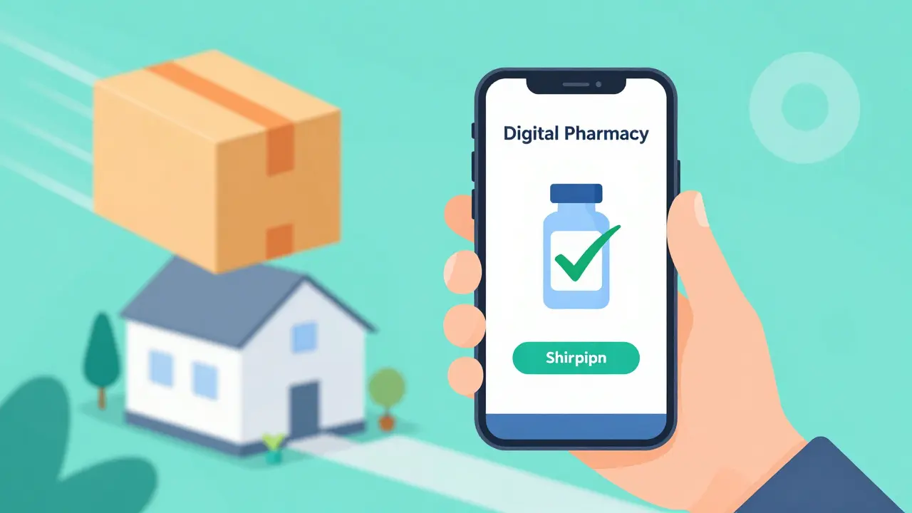 Illustration of a smartphone verifying a licensed online pharmacy with a delivery package.