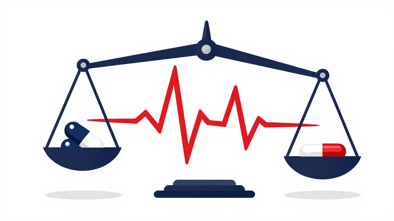 Illustration of two pills on a scale causing a twisting, dangerous heart rhythm line.