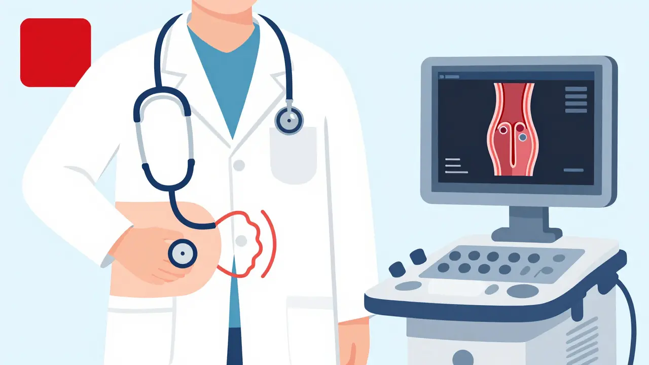 Medical illustration of a doctor using a stethoscope and ultrasound to detect renal artery stenosis.