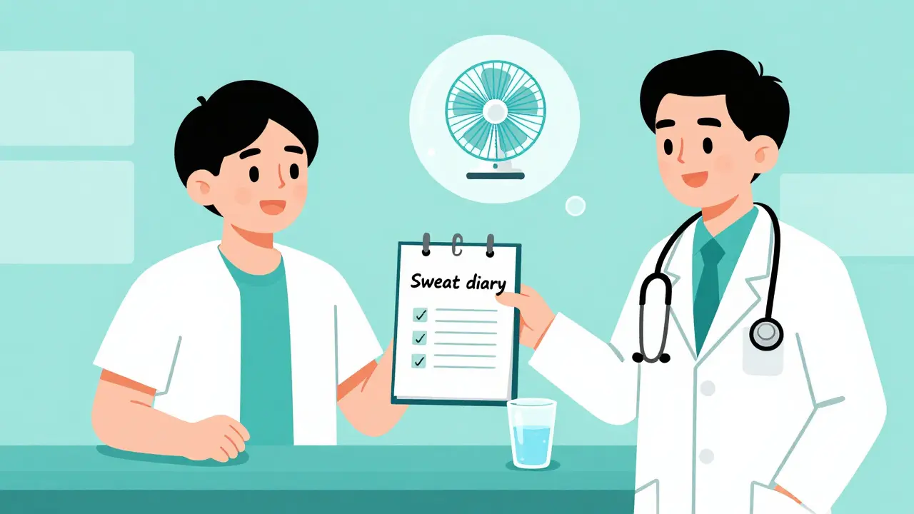 Patient showing a sweat tracking diary to their doctor in a clinic.